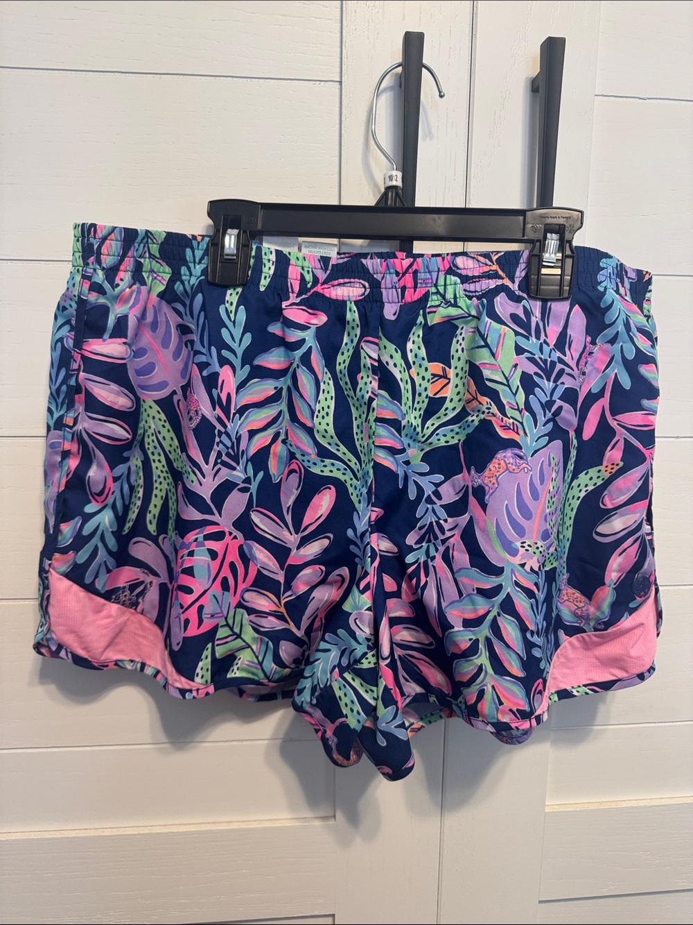 Lilly Pulitzer Navy Tropical Leaf Print Shorts with Pink Trim